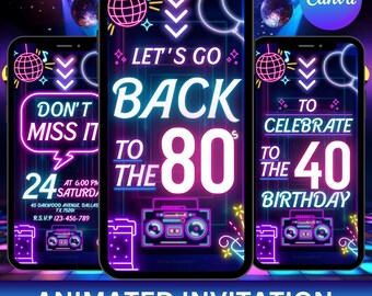 Terug naar de jaren 80 verjaardagsuitnodiging, geanimeerd neon met muziek uit de jaren 80, digitale verjaardagsuitnodiging jaren 80 elke leeftijd, DIY in canvas