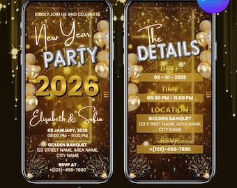 Digital New Years Party Invitation, Animated New Year Celebration Invite, Black and Gold Evite, Phone Text Email Invite, DIY in Canva