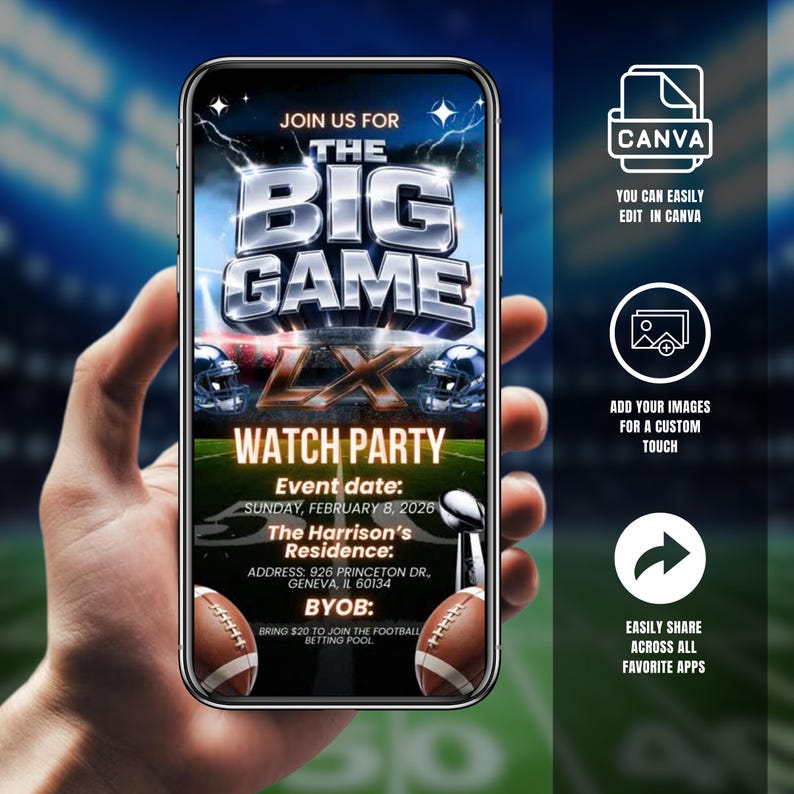 The Big Game Video Invitation, Football Digital Invitation, Party Digital Video Invitation, Animated Watch Party Evite, DIY in Canva