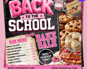 Back to School Bake Sale Flyer, Canva Editable Bakery Flyer, Sweet Treats Flyer, Pastry Shop Flyer, August Sale, Digital Download