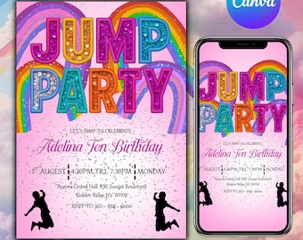 Jump-feestje verjaardagsuitnodiging meisje, trampolinefeest, bounce party, trampoline verjaardagsuitnodiging, jump-feestje uitnodigen, DIY in Canva