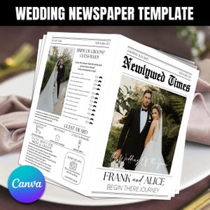 Può includere: Un modello di giornale di nozze con il titolo "WEDDING NEWSPAPER TEMPLATE". Il giornale aperto presenta foto degli sposi, con testo tra cui "Newlywed Times" e "FRANK and ALICE BEGIN THERE JOURNEY". Il logo Canva è visibile.
