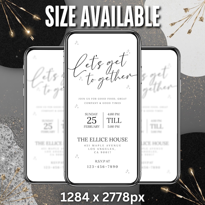 Let’s Get Together Invitation Mobile Template, Modern Minimalist Party Invite, Phone Evite, Digital Download, DIY in Canva