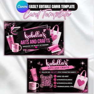 May include: A digital business card template featuring a black background with pink accents. Text reads Isabella's Arts and Crafts, Discover the Beauty of Designs, and Follow Me and Let's Stay Connected Babes X. Includes a QR code, icons, and pink heart graphics.