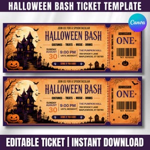 Könnte beinhalten: Eine Halloween-Party-Ticketvorlage mit orangefarbenem Hintergrund, einem Spukhaus, einem Vollmond und Kürbissen. Der Text lautet: Join us for a spooktacular Halloween bash, Sunday August 30, 9:00 PM, The Pumpkin Hall, 789 Spooky Lane.