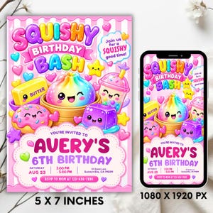 Squishy Birthday Invitation Template, Kawaii Glitter Sensory Party Invite, Girls Birthday Invitation, Cute Squishy Party, DIY in Canva