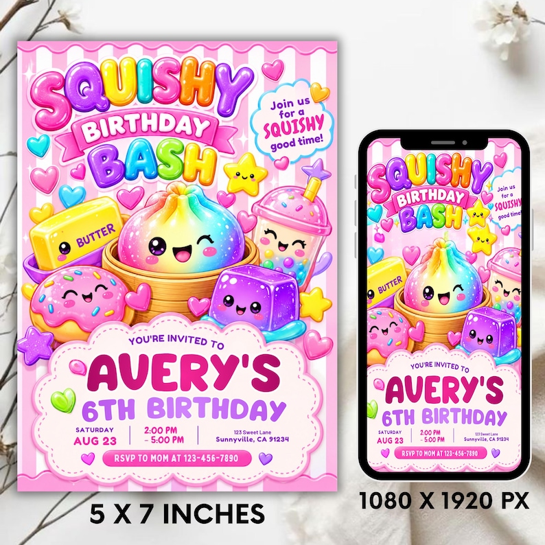 Squishy Birthday Invitation Template, Kawaii Glitter Sensory Party Invite, Girls Birthday Invitation, Cute Squishy Party, DIY in Canva