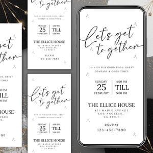 Let’s Get Together Invitation Mobile Template, Modern Minimalist Party Invite, Phone Evite, Digital Download, DIY in Canva