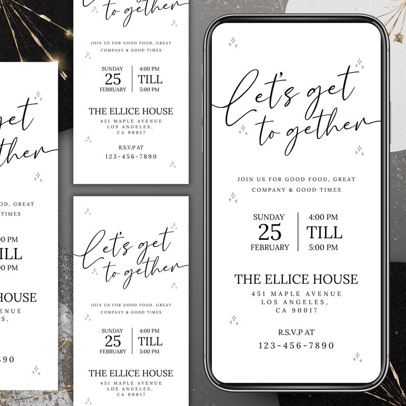Let’s Get Together Invitation Mobile Template, Modern Minimalist Party Invite, Phone Evite, Digital Download, DIY in Canva