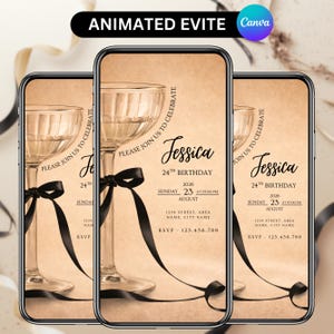 May include: Animated Evite design featuring three smartphone screens. Each screen displays a birthday invitation with champagne glasses, black ribbon, and the name "Jessica." The invitation includes date, time, and RSVP information.