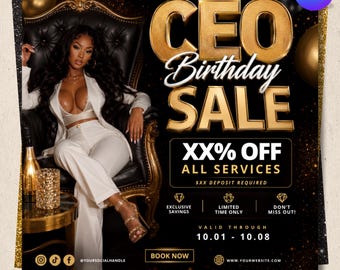 Op de afbeelding: Een digitale flyer-sjabloon voor een CEO-verjaardagsuitverkoop met gouden tekst op een zwarte achtergrond. Het ontwerp bevat een persoon in een wit pak in een zwarte stoel, met tijdelijke aanduidingen voor bedrijfsgegevens, data en sociale iconen.