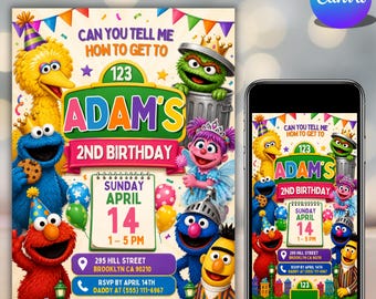 Sesame Street Birthday Invitation Template, Kids Birthday Party Invitation, Cartoon Birthday Printable Digital Download Evite, DIY in Canva