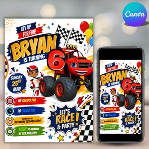 May include: A birthday party invitation featuring a red monster truck with the text "Bryan is turning 6". The design includes racing flags, stars, and the words "Let's Race & Party". A smartphone displays the same invitation.