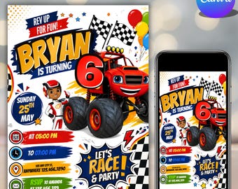 Blaze and the Monster Machines Birthday Invitation, Blaze Birthday Invite, Editable Evite, Printable Instant Download, DIY in Canva