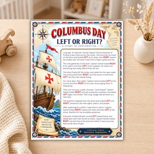 Può includere: Un foglio di gioco educativo rettangolare intitolato Columbus Day Left or Right? A Story of Exploration. Presenta una grande illustrazione di un veliero in legno con croci rosse sulle vele, una rosa dei venti e un testo narrativo con parole direzionali evidenziate.