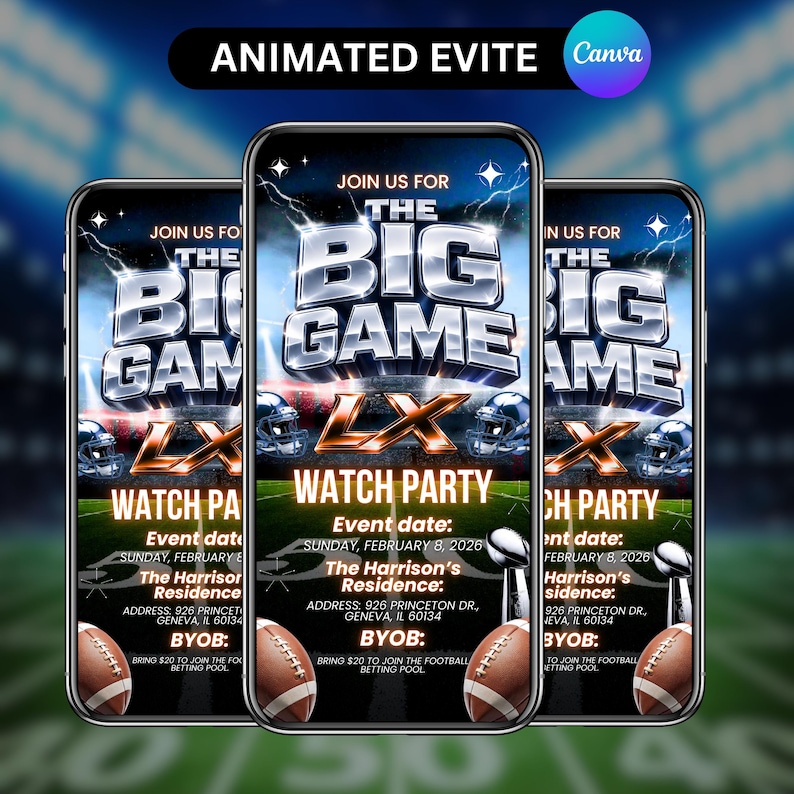 The Big Game Video Invitation, Football Digital Invitation, Party Digital Video Invitation, Animated Watch Party Evite, DIY in Canva