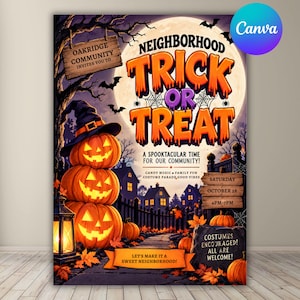 Puede incluir: Un folleto de evento de Halloween con una pila de tres calabazas brillantes con un sombrero de bruja, un fondo de luna llena y texto que dice Neighborhood Trick or Treat, Oakridge Community, sábado 28 de octubre, 4PM-7PM, Costumes Encouraged.