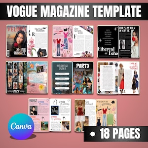 Può includere: Un modello per una rivista Vogue con vari layout. Il design include copertine di riviste, articoli e un logo Canva. Il testo include "Shine Bright", "The Chic Mystery" e "18 Pages".