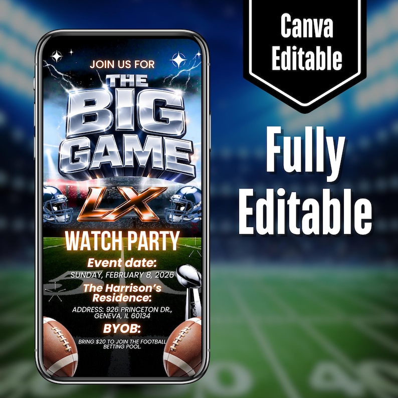 The Big Game Video Invitation, Football Digital Invitation, Party Digital Video Invitation, Animated Watch Party Evite, DIY in Canva