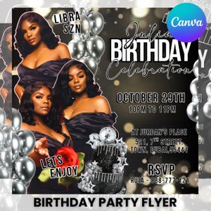 May include: A black and silver birthday party flyer with the text "Julia Birthday Celebration" and "October 29th". The flyer features images of a woman, balloons, and a cake. The words "Libra SZN" and "Let's Enjoy" are also visible.