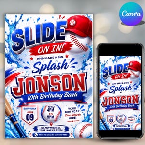 Puede incluir: Un folleto de invitación de cumpleaños digital con temática de béisbol, que incluye una gorra roja, pelotas de béisbol y un bate de madera. El texto dice: SLIDE ON IN! AND MAKE A BIG Splash at JONSON 10th Birthday Bash, SATURDAY JUNE 09, FROM 4PM TO 5PM.