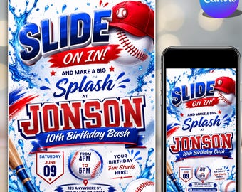 Baseball Birthday Invitation, Pool Party Baseball Invite, Water Slide Birthday Party Invitation, Editable Template, Printable, Canva