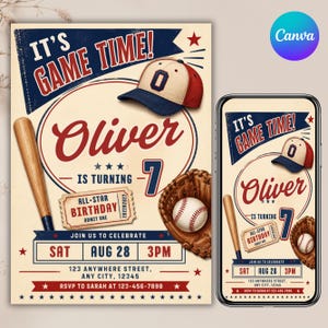 Plantilla de Canva para invitación de cumpleaños de béisbol, invitación para fiesta de novato del año, invitación de cumpleaños deportiva, descarga digital editable.