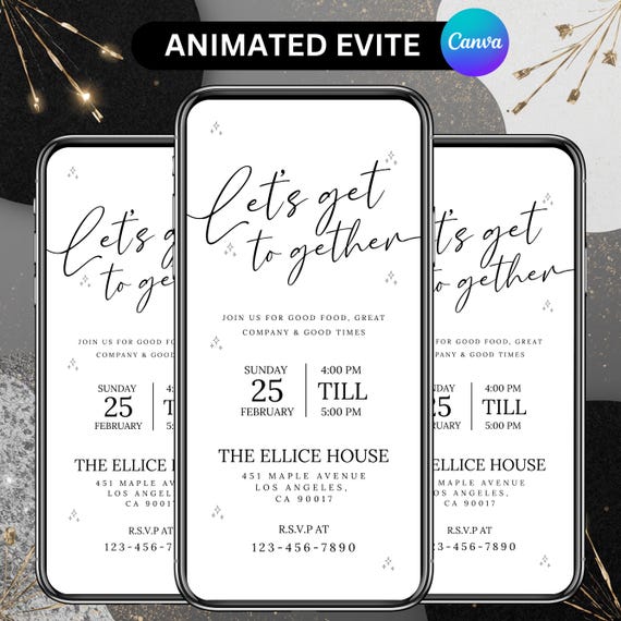 Let’s Get Together Invitation Mobile Template, Modern Minimalist Party Invite, Phone Evite, Digital Download, DIY in Canva