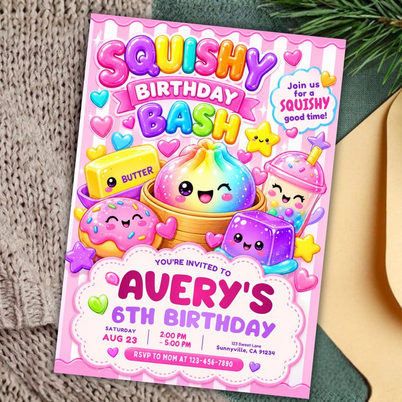 Squishy Birthday Invitation Template, Kawaii Glitter Sensory Party Invite, Girls Birthday Invitation, Cute Squishy Party, DIY in Canva