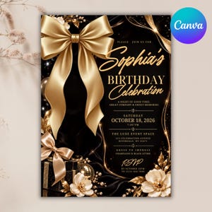 Pode incluir: Um convite de aniversário preto e dourado com um grande laço de cetim dourado no topo, detalhes florais brancos e o texto: Sophia's BIRTHDAY CELEBRATION, OCTOBER 18, 2026, 7:00 PM, THE LUXE EVENT SPACE, 123 CELEBRATION AVENUE, RIVERDALE, NY 10471.