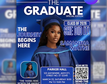 2026 Graduation Invite Magazine Style, Graduation Celebration Party Flyer, Class of 2026 Flyer, Graduation Invitation, Blue DIY in Canva