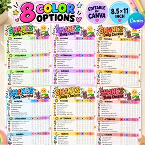 May include: Six printable daily checklists titled Shane's Daily Checklist, each measuring 8.5x11 inches. The templates feature morning, afternoon, and evening sections with icons, checkboxes for days of the week, and colorful borders in eight variations.