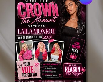 Homecoming Queen Flyer Canva Template, Vote for Queen Campaign Poster, Editable High School HBCU Election Flyer, Class Campaign Sign