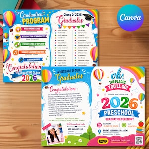 May include: A graduation program and invitation for the class of 2026. The program includes a welcome message, introduction of graduates, and presentation of diploma. The invitation features colorful hot air balloons and the text "Oh! The Places You'll Go!"