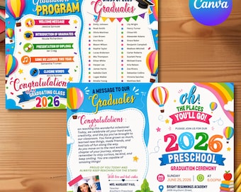 Preschool Graduation Invitation & Program Template, Editable Canva Graduation Invite, Printable Kids Graduation Ceremony Announcement Design