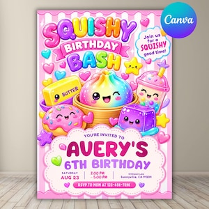 Squishy Birthday Invitation Template, Kawaii Glitter Sensory Party Invite, Girls Birthday Invitation, Cute Squishy Party, DIY in Canva