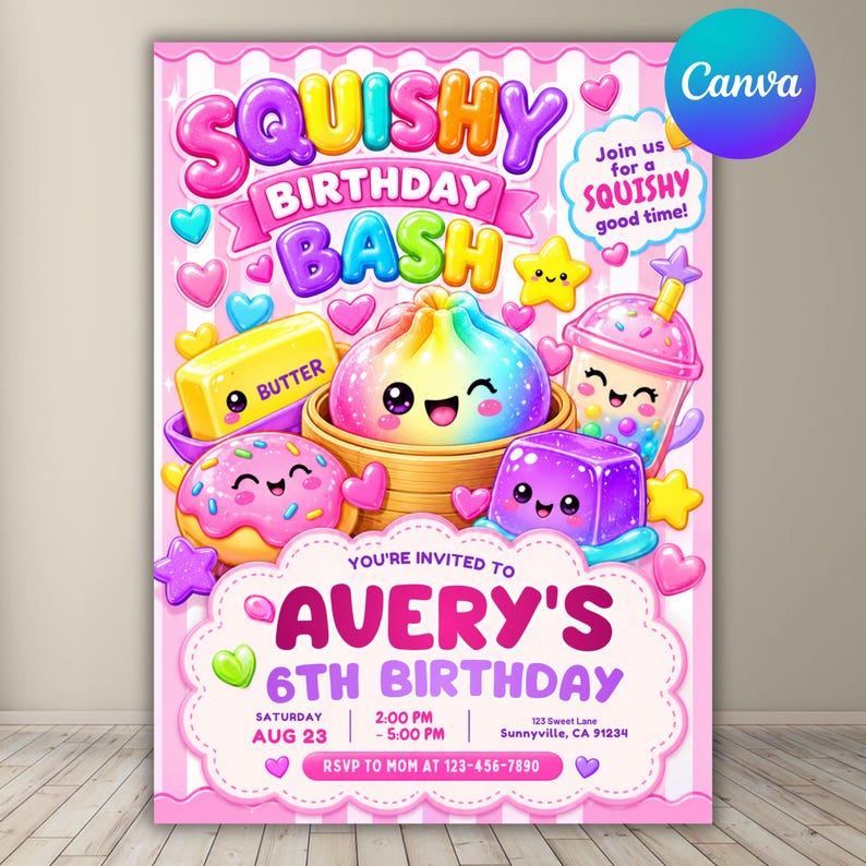 Squishy Birthday Invitation Template, Kawaii Glitter Sensory Party Invite, Girls Birthday Invitation, Cute Squishy Party, DIY in Canva
