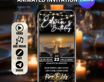 Birthday Party Invitation for 18th, 20th, 30th, 40th, 50th Birthday, Digital WhatsApp Invitations,  Personalized Animated Invitation, Canva