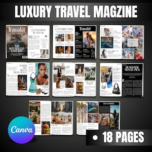 Plantilla de revista de viajes de lujo, folleto de viajes elegante, plantilla de itinerario de viaje digital para blogueros y agentes, editable en Canva