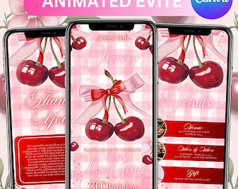 Plantilla de invitación de cumpleaños con cerezas, invitación digital con cerezas en la cima, texto de cumpleaños con lazo rosa de Evite, invitación para fiesta de cumpleaños de niña, Canva editable