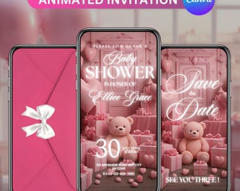Pink Baby Shower Invitation, Baby Bear Brunch Party Digital Video Invitation, Girl Video Evite, Animated Digital Template, DIY in Canva