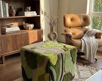 Handgetufteter Neuseeland Woll Pouf Ottomane - Grüner Moos Abstrakter 3D Strukturierter Boden Pouf - Waldlandschaft Quadratischer Fußhocker & Tritthocker