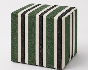 Hand Tufted New Zealand Wool Green Striped Pouf Ottoman, Modern Cream And Black Cabana Stripe Accent Step Stool