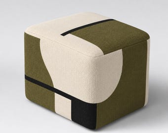 CUSTOM Hand Tufted 30 cm Depth Olive Green Pouf Ottoman - Modern Cream Boho Floor Pouf, Geometric Accent Step Stool