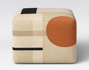 Puf otomano de lana de Nueva Zelanda tejido a mano - Puf geométrico de estilo moderno de mediados de siglo - Taburete cuadrado minimalista de estilo bohemio en terracota y negro
