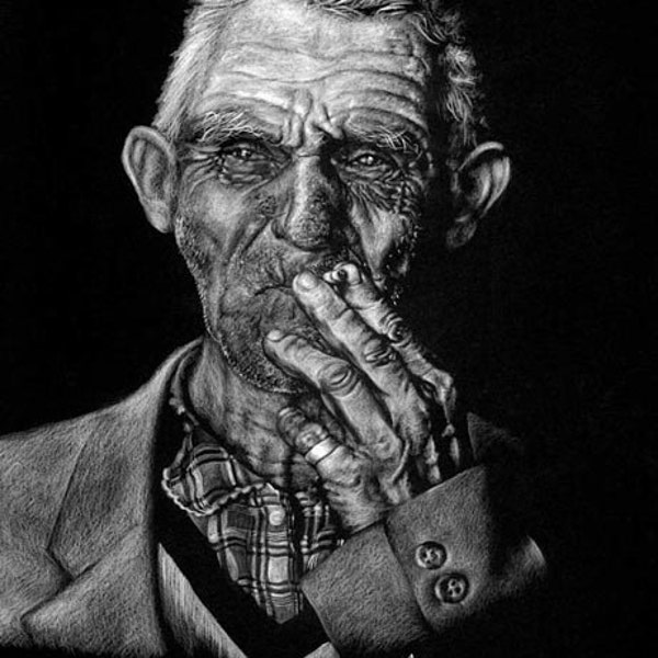 White pencil portrait, black paper