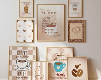 Cafetería Cristiana: Juego de 9 láminas: Arte mural de Jesús y café (Descarga digital)