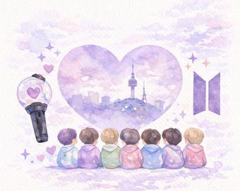 Cartão de felicitações em aquarela inspirado no BTS – Impressão em alta resolução