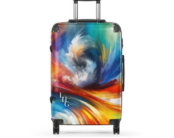 Könnte beinhalten: Ein Rollkoffer mit einem lebendigen abstrakten Design. Das Kunstwerk zeigt wirbelnde Pinselstriche in Blau-, Orange-, Gelb- und Weißtönen. Der Koffer hat einen ausziehbaren Griff und schwarze Eckschützer.