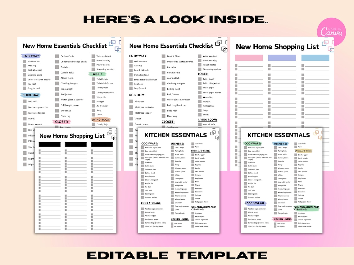 New Home Essentials Checklist Template: Editable Canva Printable (PDF ...